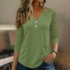 Womens 34 Sleeve V Neck Henley Pullover Top with Button and Front Pockets for Casual Daily Wear