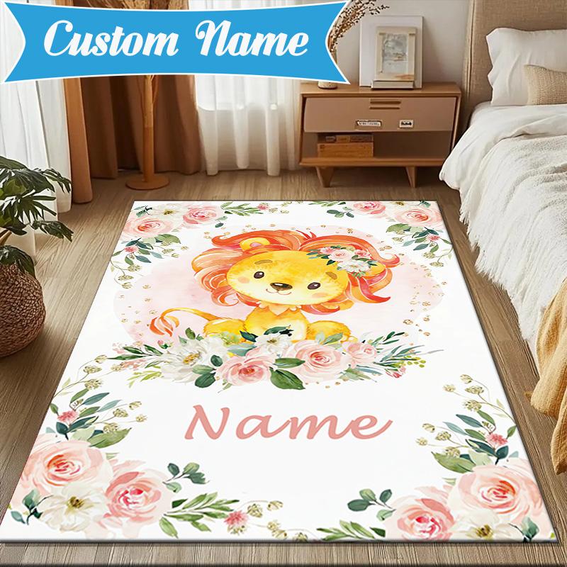 Custom Name Floral Puppies Art Rug for Living Room, Game Rooms, Office, Bedroom, Floor Mat Playful Design, fan gifts Christmas decor