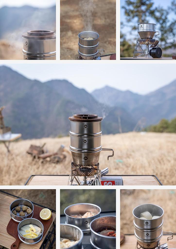 CAMPING MOON Sierra Cup Steamer Set, 2-Tier, Stainless Steel 304 Stainless Steel, 12cm Diameter, with Wooden Coaster, S-360-362-2P-MG