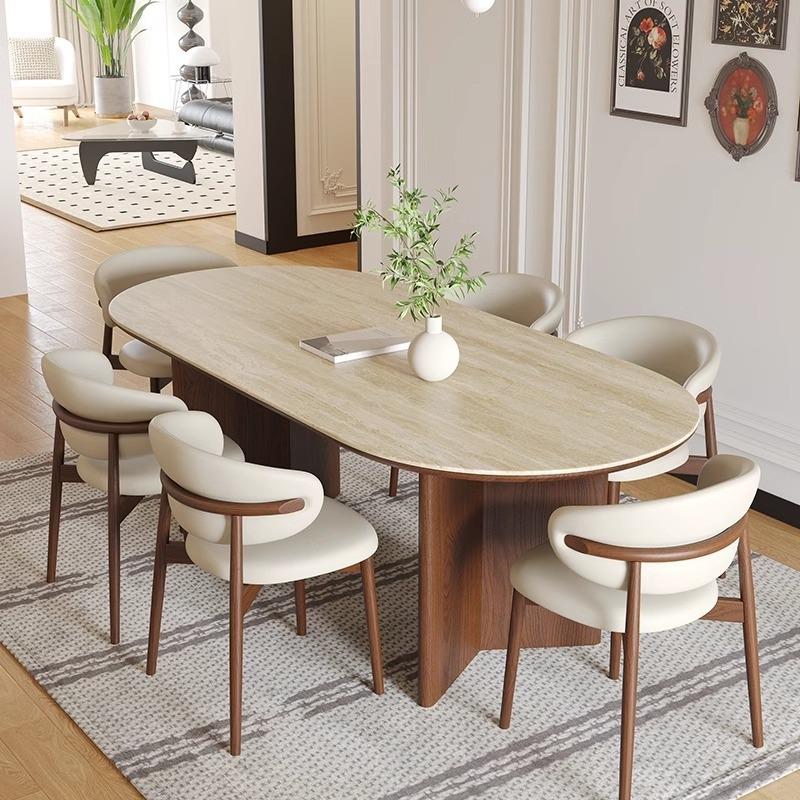 Mid-Century Style Oval Travertine Dining Table & Chair Set with French Solid Wood