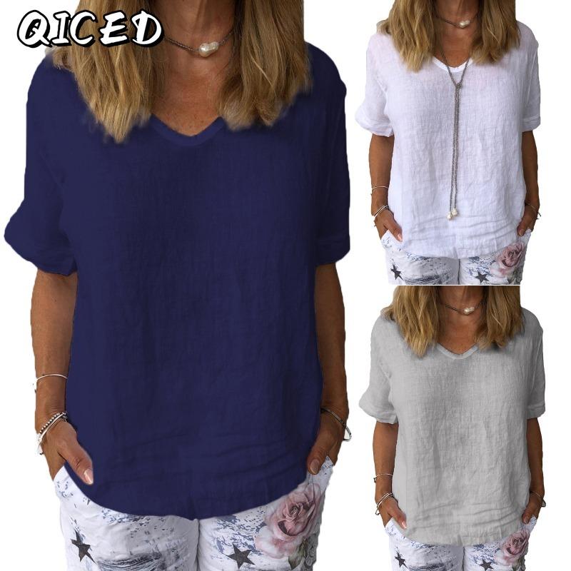QICED Women's Fashion Casual Solid Color Print Short Sleeve V Neck Blouses & Shirts