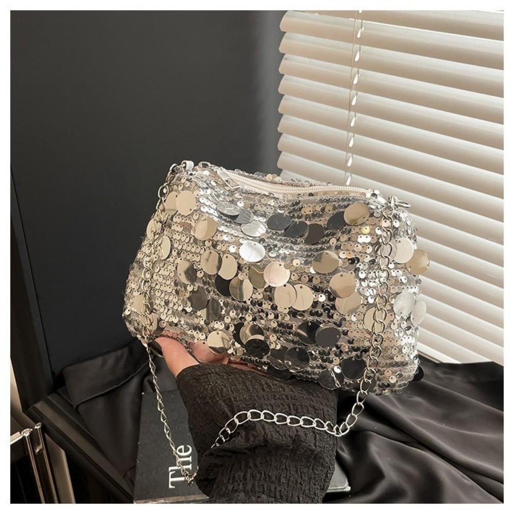 Casual Sequin Shoulder Bag Lightweight Solid Color Chain Crossbody Bag Large Capacity Female Handbag For Evening Party