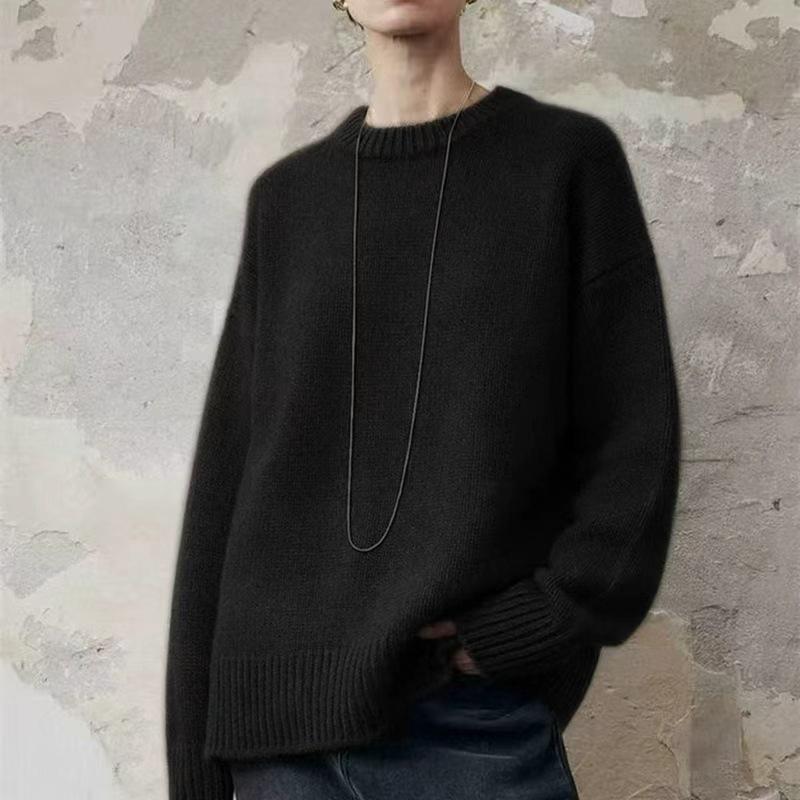 Women's 100% Pure Wool Round Neck Thick Warm Loose Pullover Sweater - Long Sleeve, Autumn Winter Base Layer