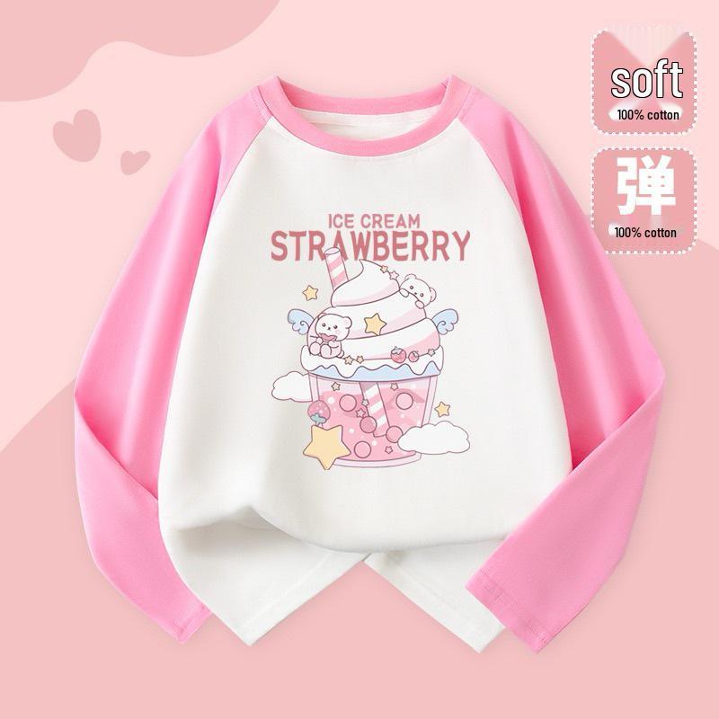 

2025 Girls Cute Cartoon Color Block Raglan Long Sleeve T-shirt Pullover 160cm