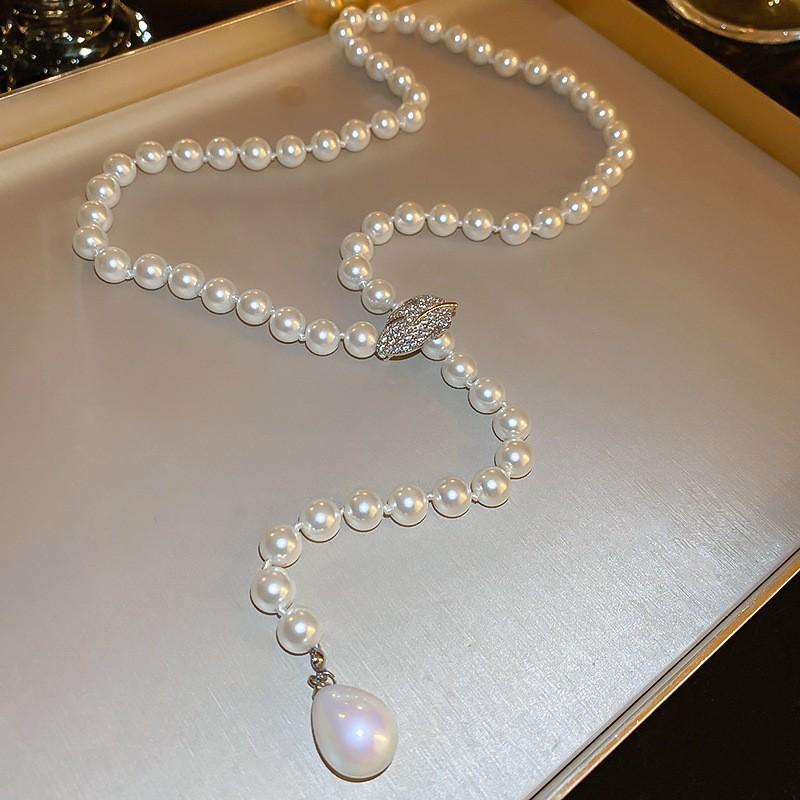 Diamond Water Drop Pearl Beaded Necklace Autumn and Winter French Light Luxury Sweater Chain Fashionable Versatile High-end Jewelry