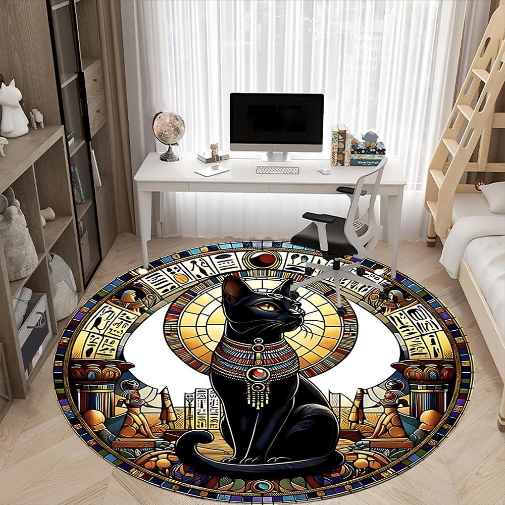 1PC Egyptian Cat Office Round Rug, Non slip, Soft and Durable Office Rug for Interior Decoration, Perfect for Office