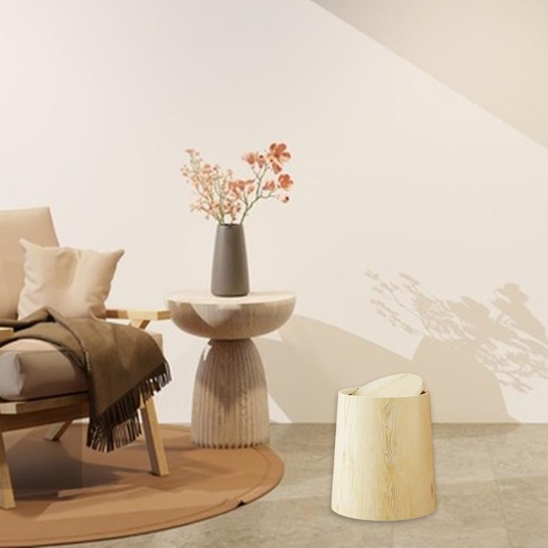 Retro Plastic Wastebasket with Simulation Wood Grains Pattern Flips Top Cover Trash Can For Small Space Office and Bedroom