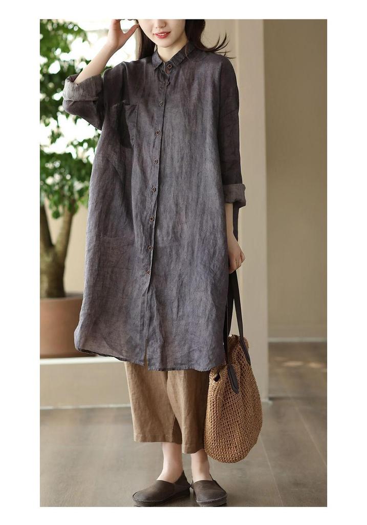 2026 Spring Women's Retro Cotton Linen Dark Pattern Mid-Length Cardigan Shirt