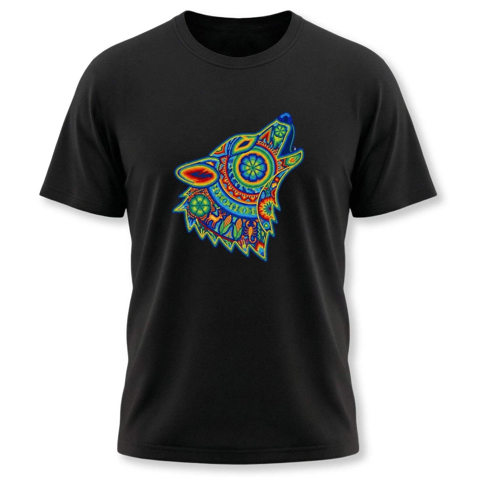 Huichol Wolf Howling T-Shirt | Colorful Tribal Geometric Art Graphic Tee XXL