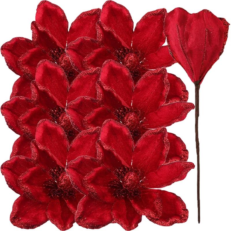 

Artificial Glitter Christmas Flower Xmas Tree Party Home Decoration Red White Three-Layer Silk Fake Magnolia Flowers Supplies 1pc красный