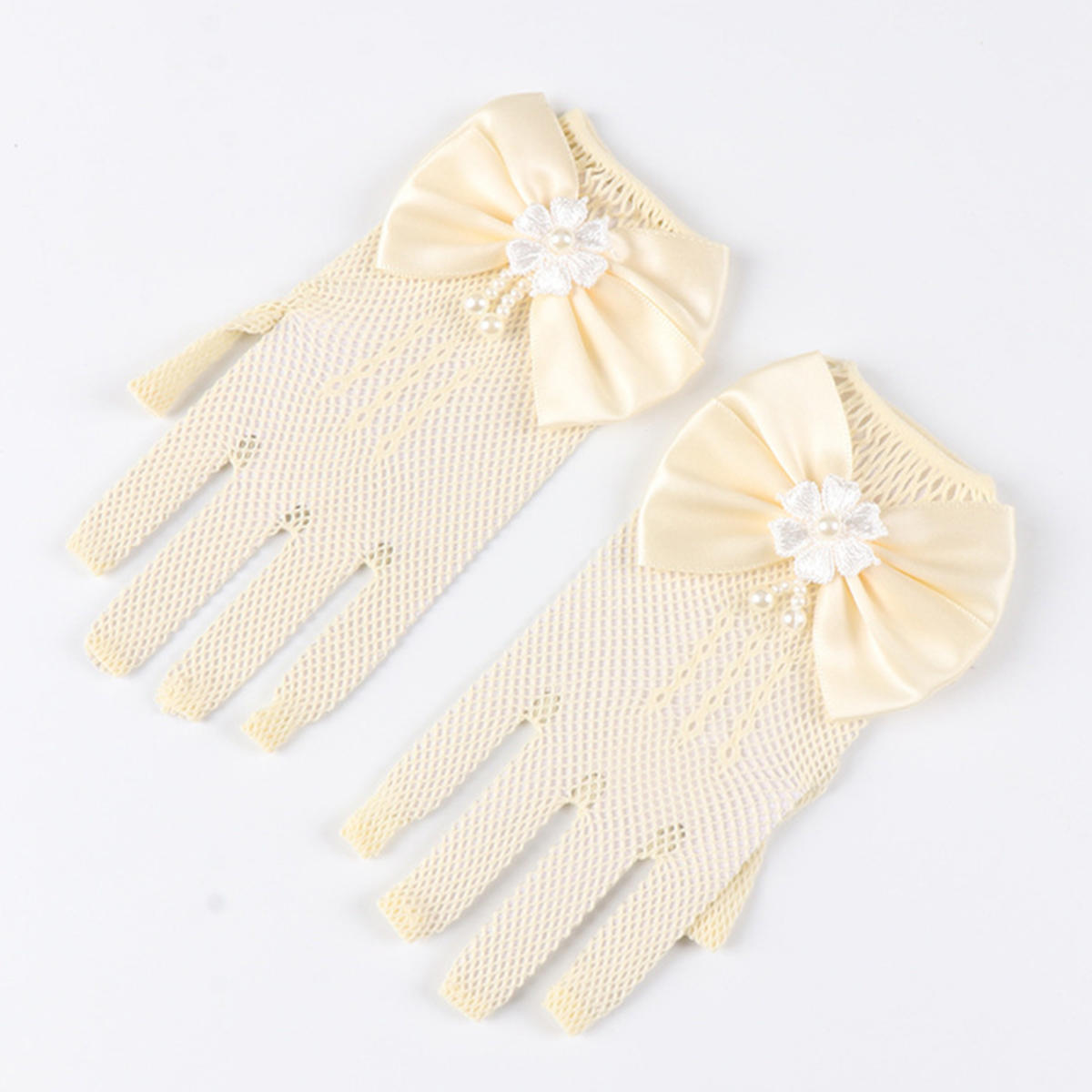 

Kids Party Lace Pearl Fishnet Gloves Communion Flower Girl Party Mittens Children s Mittens High Elasticity Mesh Bow Gloves one size бежевый
