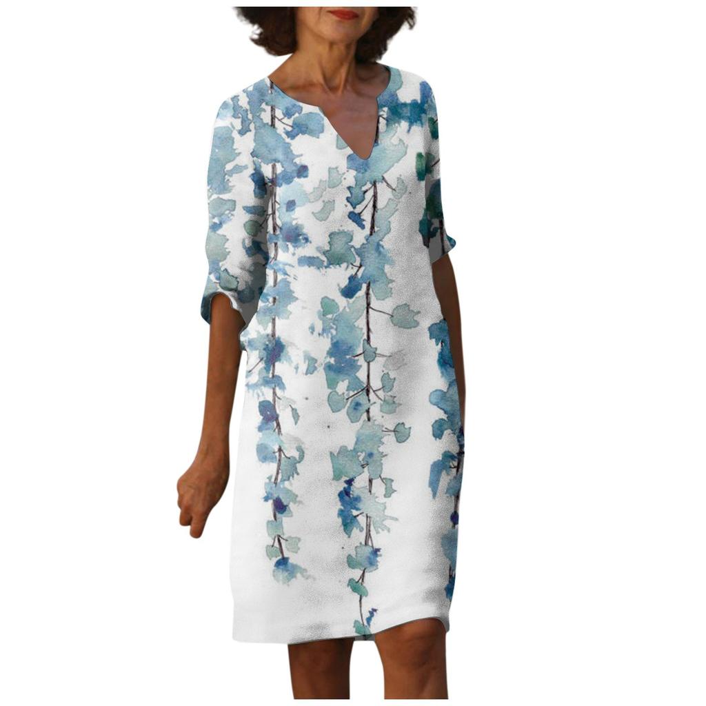Damen Sommer Vintage Blumendruck V-Ausschnitt Halbarm Kleid Leichtes atmungsaktives Kleid