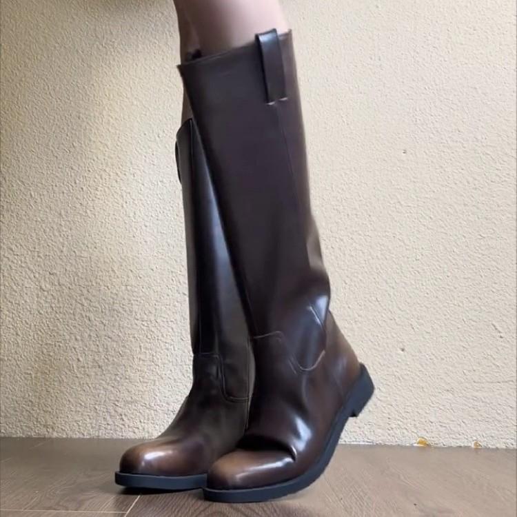 Cowhide Version~ 2025 New Retro Leather Round Head High Knight Boots Women's Versatile But Knee Thick Heel Boots