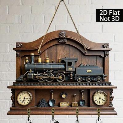Nützlicher Holzwandhaken 2D Retro Zugmuster Vintage Schlüsselhalter Multifunktionaler Schlüsselrahmen Aufbewahrungshaken Wand Veranda