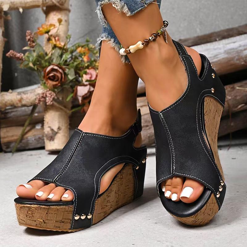 Retro Peep Toe Wedge Heel Sandals for Women 2025 Summer Chunky Platform Sandalias Mujer Thick Bottom Rivet Decor Roman Sandals