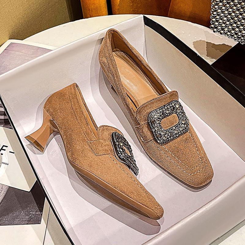 Black High Heels Thin Heel 2025 New Autumn and Winter Rhinestone Square Buckle French Square Head Single Shoes British Style Medium Heel Women's Shoes