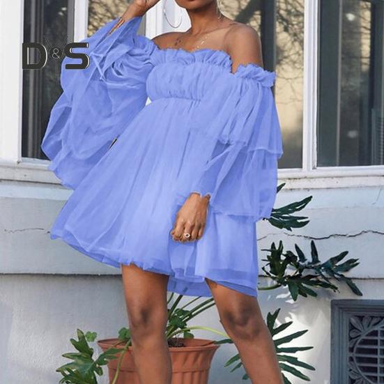 Women Dress Off Shoulder High Waist Mesh Layered Shirring A-line Long Sleeves Solid Color Princess Style Mini Dress Prom Beach Party Short Dress