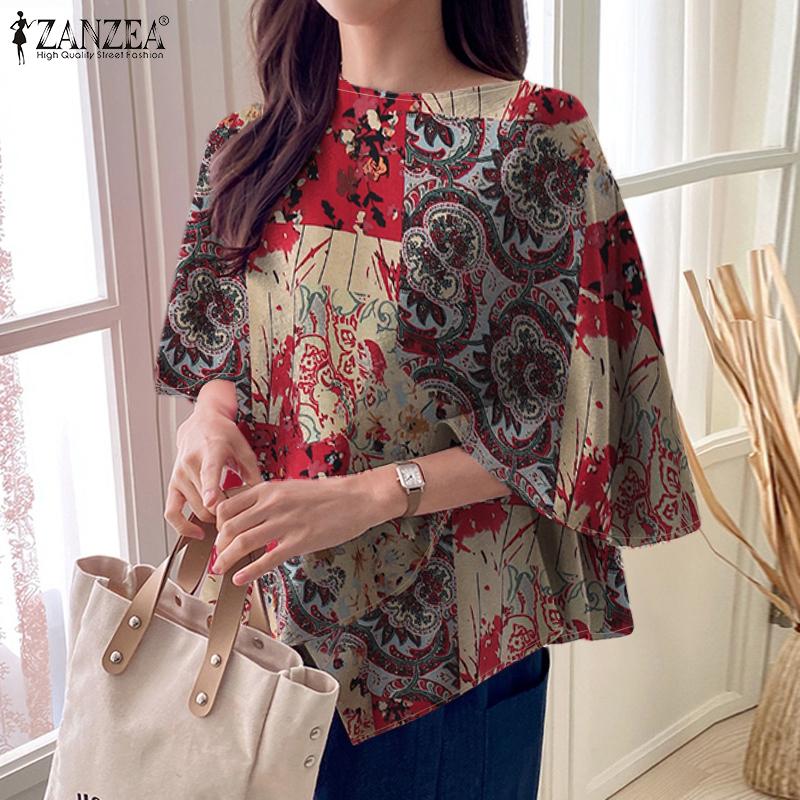 ZANZEA Blusa casual de algodón con cuello redondo y manga dolman con estampado étnico para mujer
