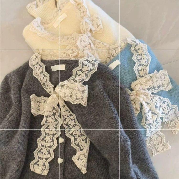 Lace and Pearl Cardigan Women's Bow Knitted Cardigan Loose Sweater for Autumn and Winter Long-sleeved Top Coat
