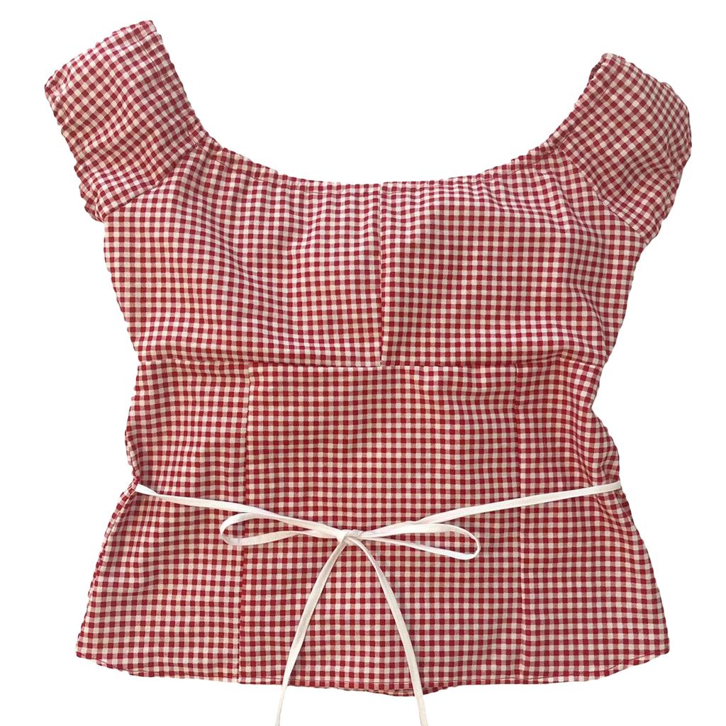 Damen Sommer Basic T-Shirt Lässig zum Binden am Rücken Karoprint Geraffte Kurzarmtops für Streetwear Ästhetische Kleidung