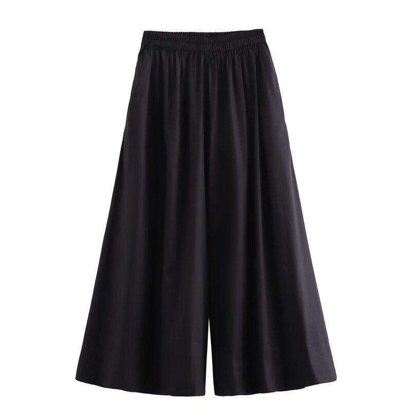 Fashion Style Women's Clothing 2024 Summer New Casual Style Wide Leg Pleated Black Pants 1228607003