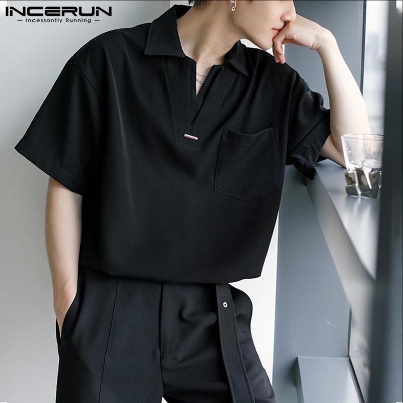 INCERUN Oversized Men Lapel Neck Short Sleeve Casual Loose Shirts Tops