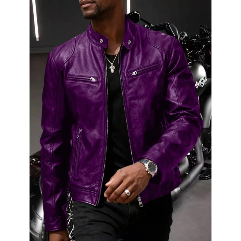 Mens PU Leather Biker Jacket Slim