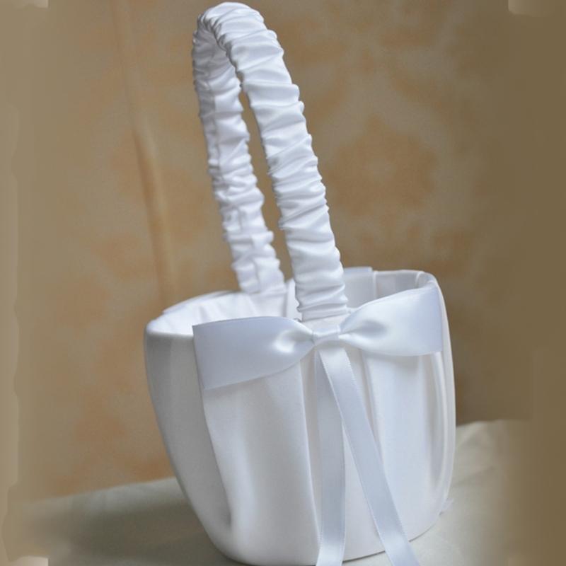 Romantics Wedding Basket Durability White Satins Flower Basket Handheld Basket for Bridal Ceremonies and Celebrations