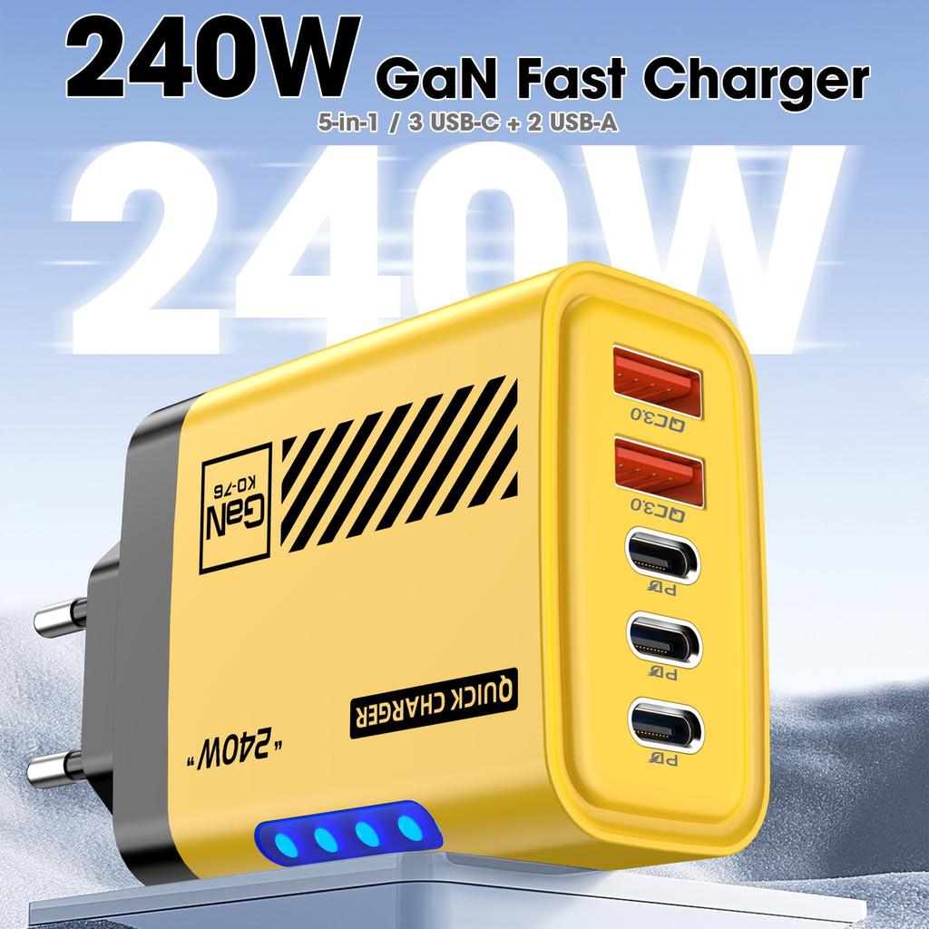 240W Dual-USB-Ladegerät mit 3 PD + Lichtern, Kompatibel mit Apple, Huawei und Dual-Typ-C Smart Fast Charging