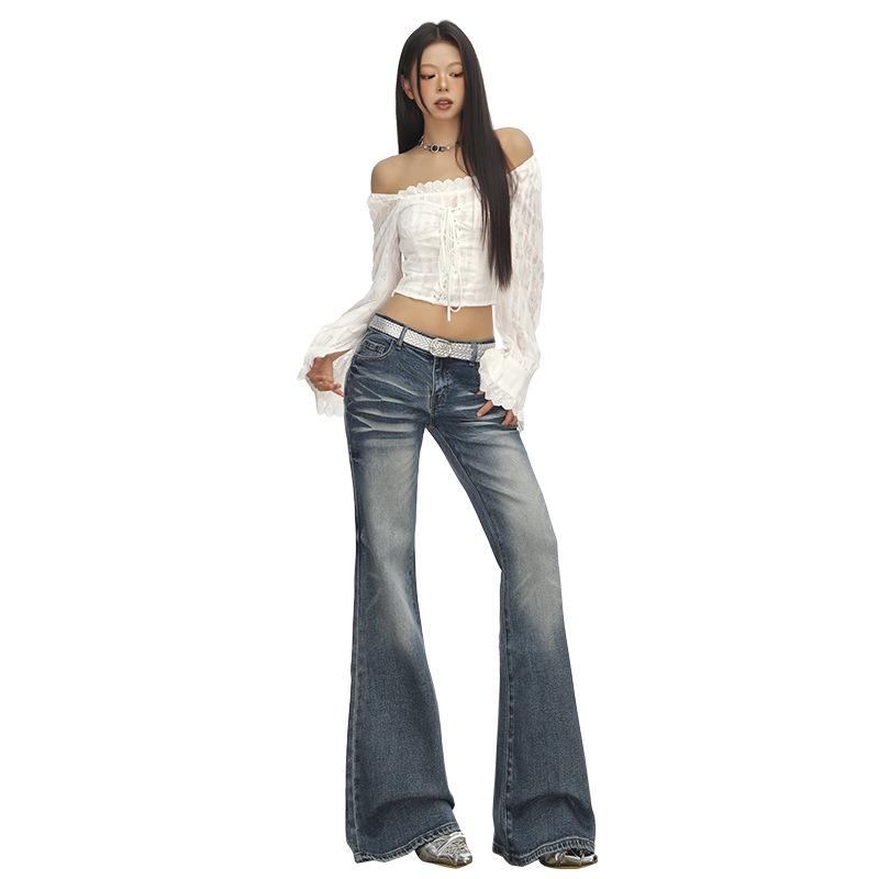 Retro washed low-rise slightly pulled jeans women's autumn and winter new elastic slim-fitting and thin versatile bell pants