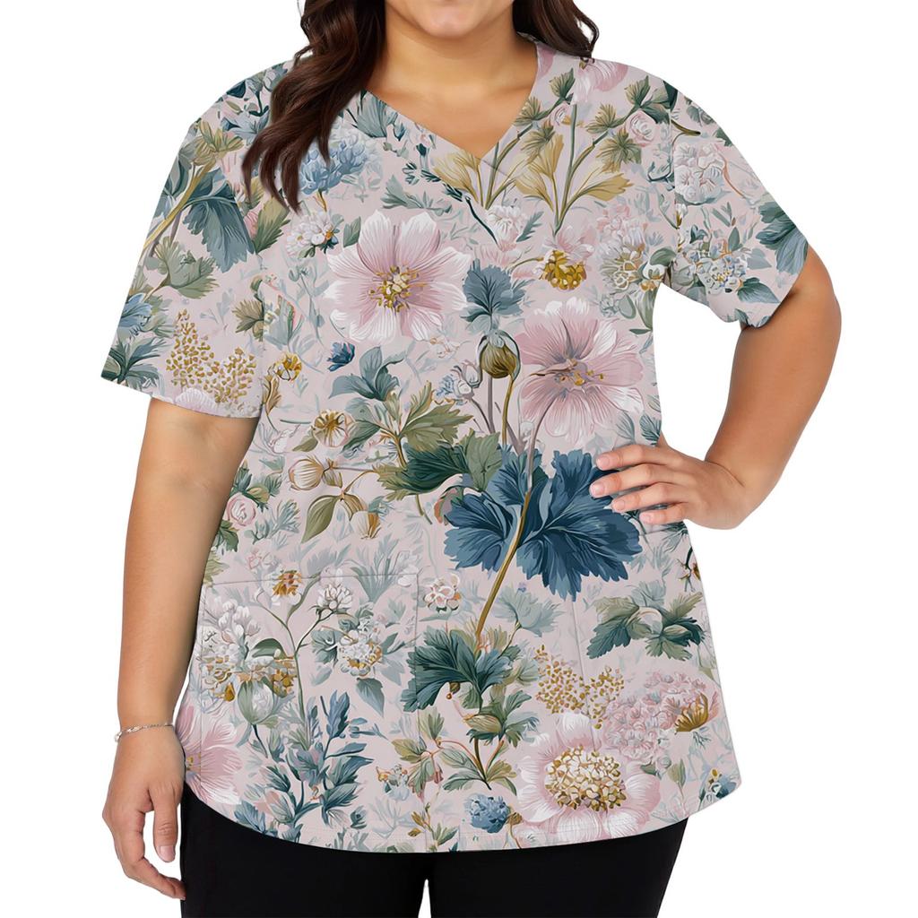Modisches Damen-Arbeitsoberteil mit V-Ausschnitt und kurzen Ärmeln, mit doppelseitigen Schlitzen und Taschen, mit einem Retro-Blumendruck.