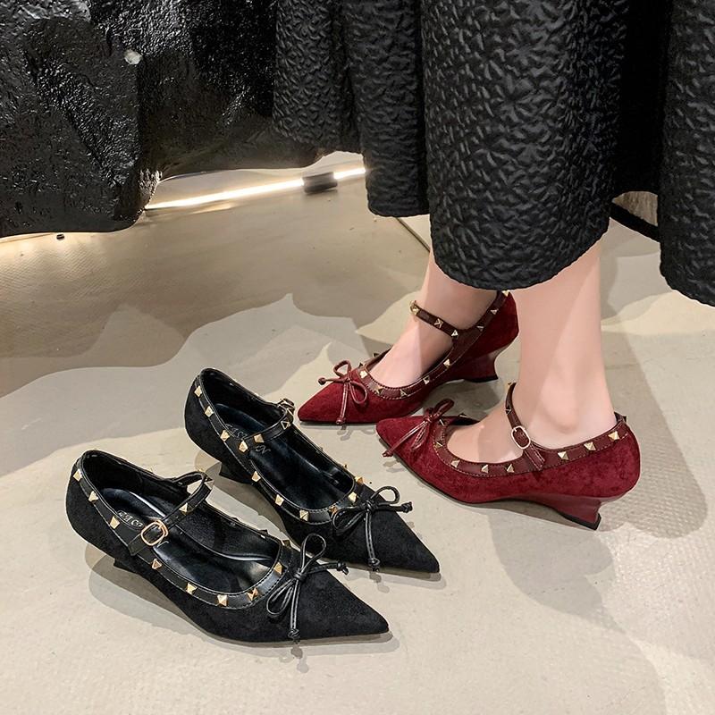 Pointed Suede Ankara Red One-Buckle with Mary Jane Women's Shoes 2025 Bow Heel Leather High Heels