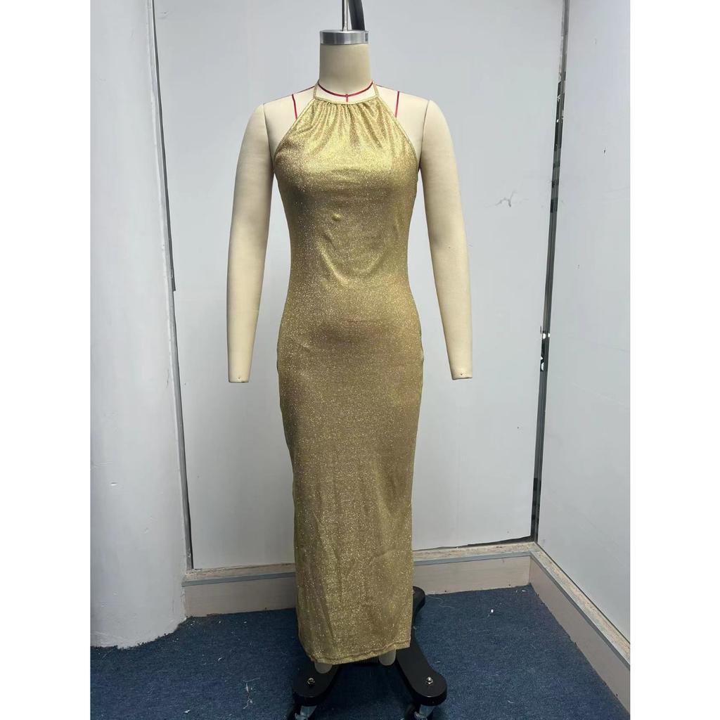 Damen Herbst Ärmelloses Schlitz Langes Kleid - Sexy Neckholder Bodycon Abendkleid mit Taillierung für Büro oder Party