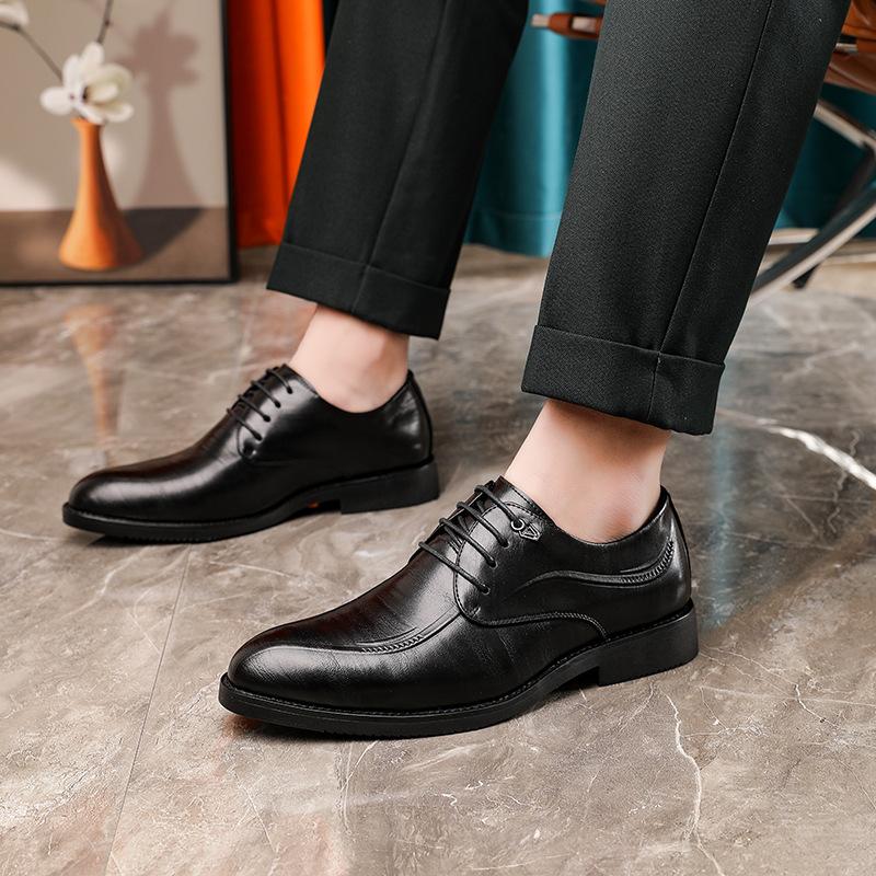 2025 new spring black Japanese and Korean pointed business dress leather shoes men's leather casual derby shoes lace-up trend