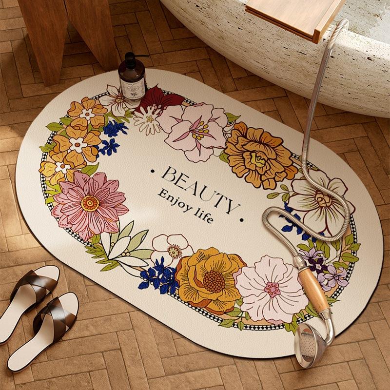 Retro Oval Bathroom Floor Mat Bathroom Anti-slip Mat Diatom Mud Water Absorption Mat Carpet Bathroom Toilet Foot Mat Door Mat