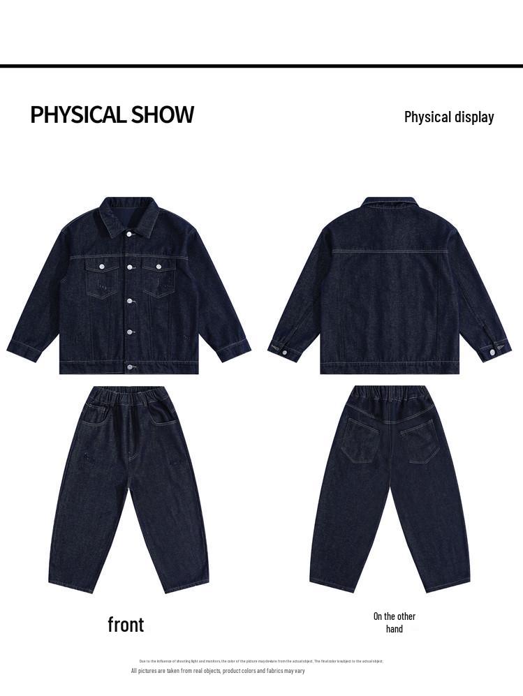 Boys' Preppy Style Denim Two-Piece: Warm Fleece-Lined Coat & Pants - 2025 Autumn/Winter Collection