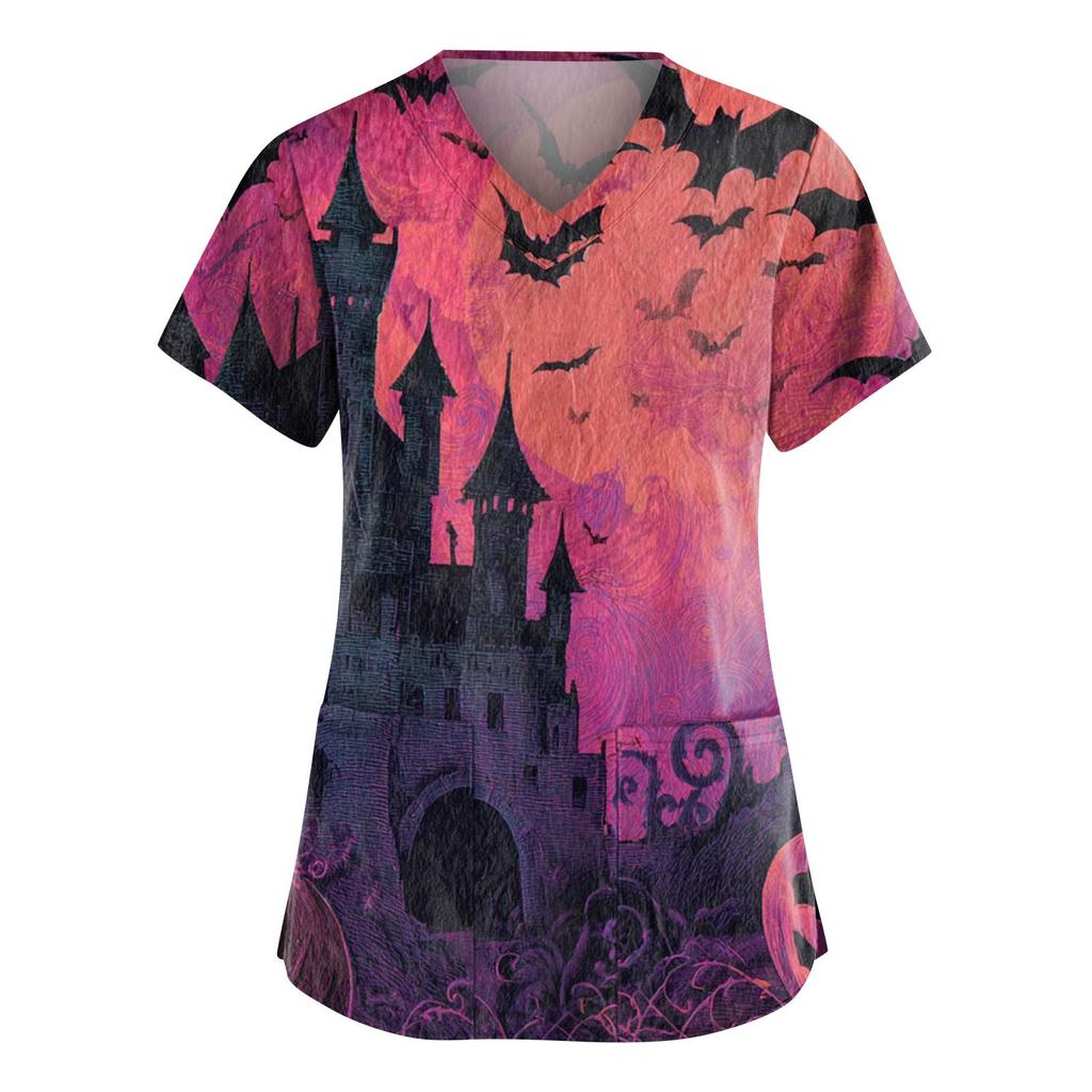 Women's Fashion V-Neck Short Sleeve Overalls With Pockets Halloween Printed Tops  Apparel