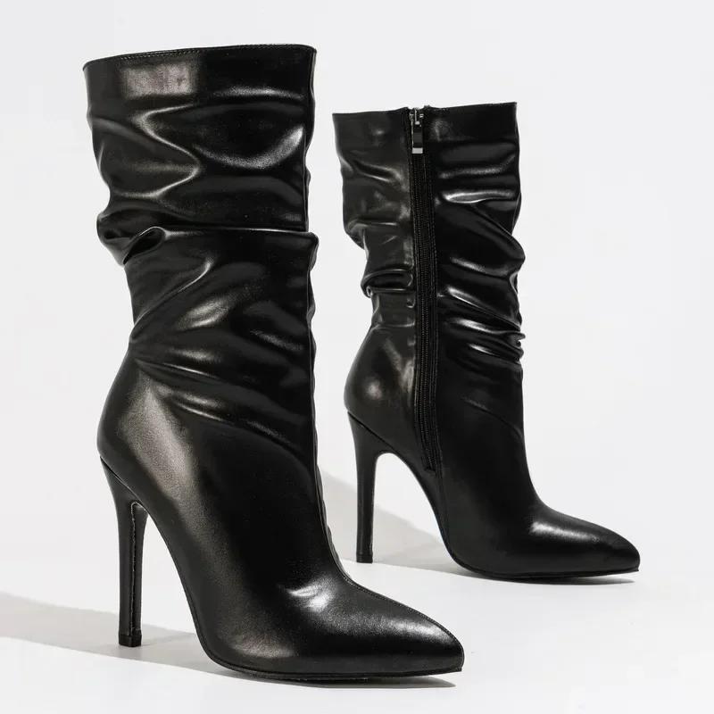 Women Side Zipper High Thin Heel Mid-calf Boots for Office Business Nightclub Party Wedding Model Catwalk Show