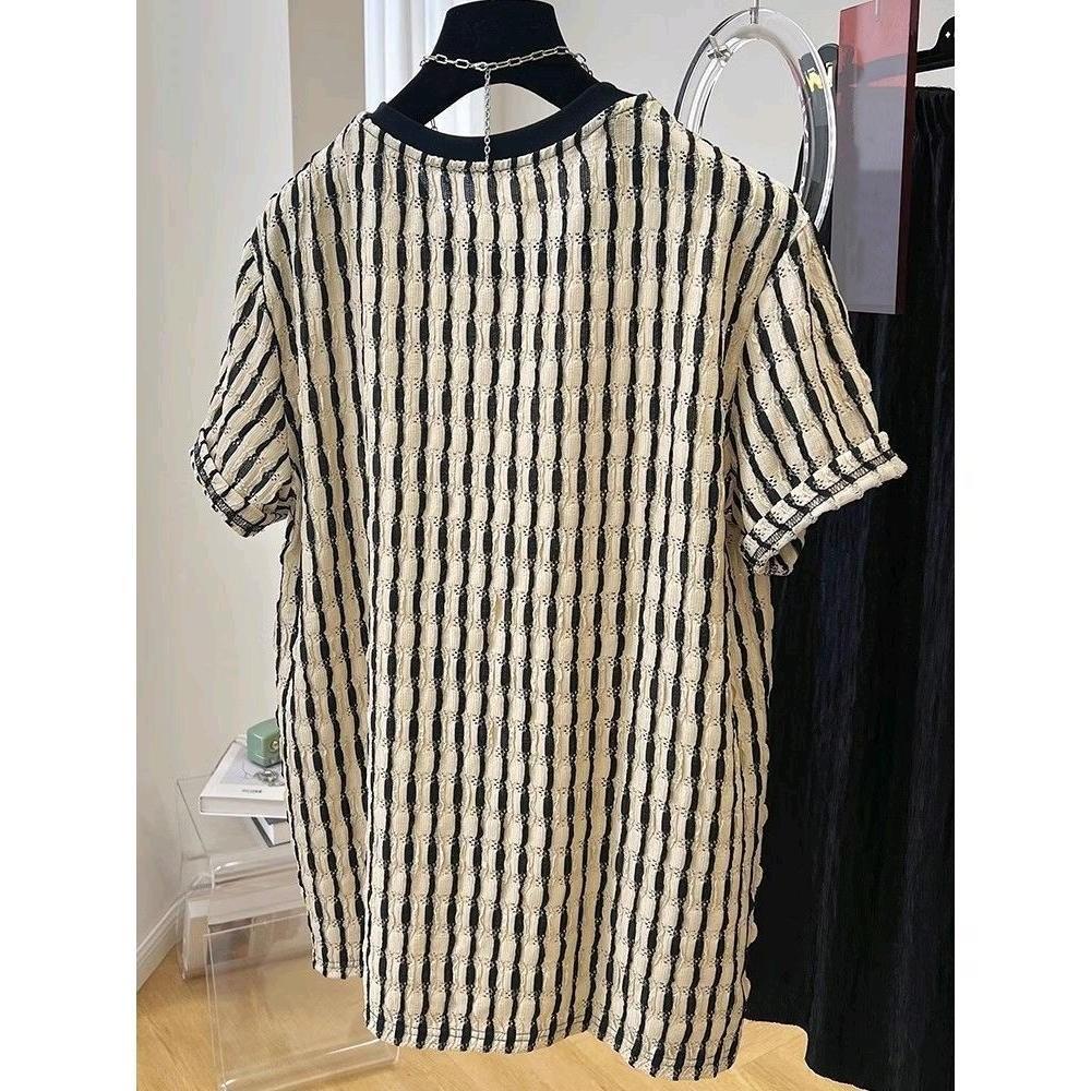 Texture Design Casual Short-Sleeved T-Shirt Men'S And Women'S Lazy Style Loose Temperament Top Trendy Striped T-Shirt