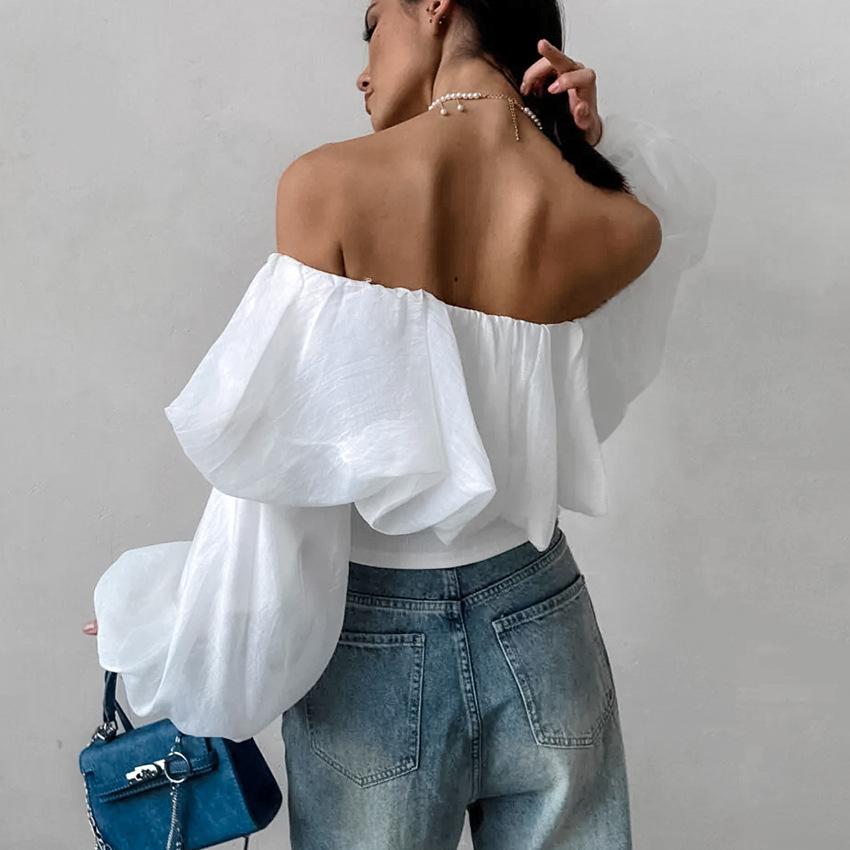 1116 Sommer Neu One-Neck Blasenärmel Mode Lässig Sexy Hemd Weiß Europäisch und Amerikanisch Schulterfrei Pendler Damenbekleidung