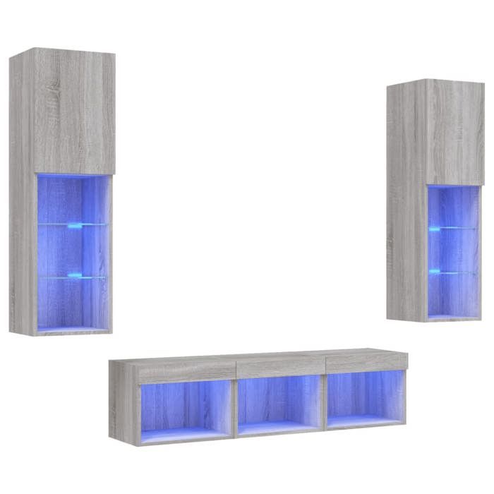 VidaXL Unités Murales TV avec LED 5 pcs, Armoires de Télévision Suspendues, Meubles Télé de Salon, Moderne, Gris Sonoma Bois 3216609