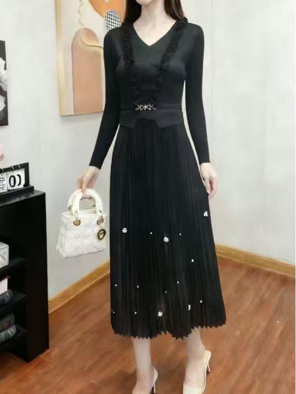 Miyake Light Luxe Plus Size Beaded Ruffle Dress - Elegant European & American Style, Slimming & Flattering Long Dress