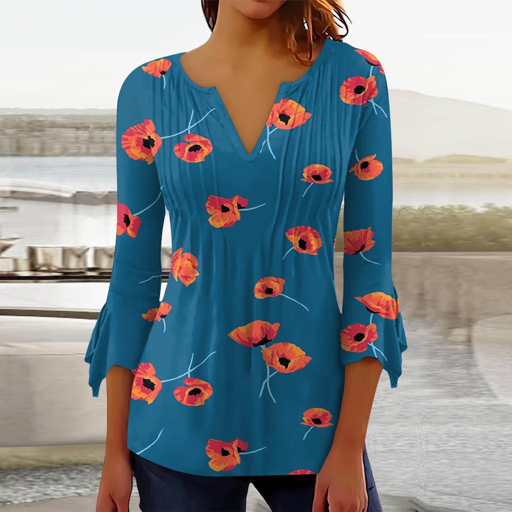 Summer Autumn A Line Slim Black White Floral T Shirt Women Loose Elegant 3/4 Sleeve Printed Tops Ladies Clothing