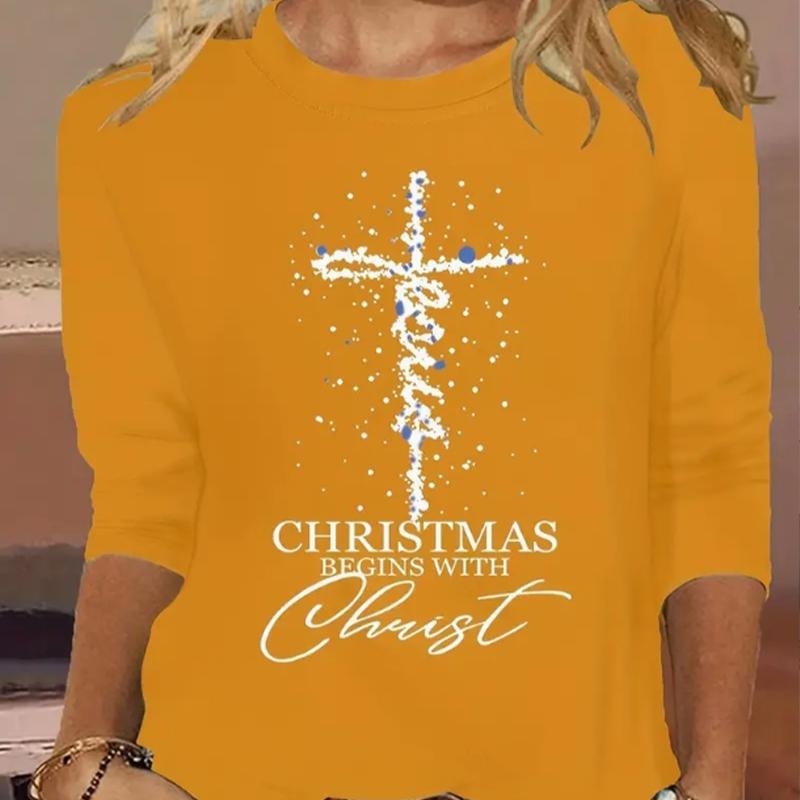 

Tops For Women White Crosses Print Round Neck Long Sleeve T-shirt Fall Casual Slim Pullover Women s Long Sleeve Top 8XL жовтий