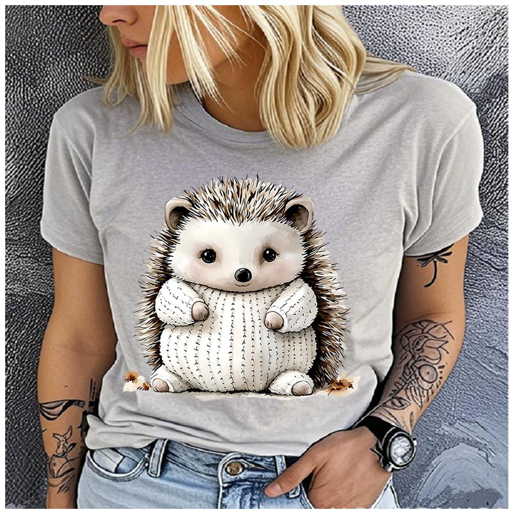 Women's Polyester 100%  interesting hedgehog Print T-shirt Loose round Neck Casual Short Sleeve Fashion Top  Clothing Summer