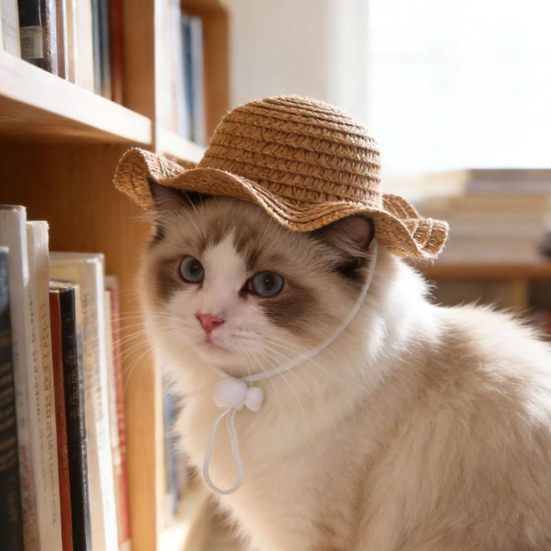 Pet Straw Hat for Cats Summer Sun Visor Cap for Kittens Cute Cat Headwear for Photography Props Fashion Dog Accessories