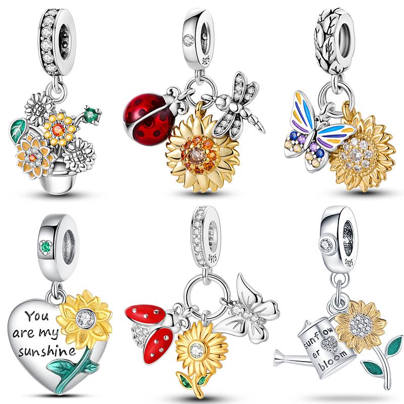 Fashion Copper HeartShaped Golden Sunflower Charm Bead Charms Pendants Compatible With Authentic Bracelets Necklaces Do It Yourself Party Jewellery