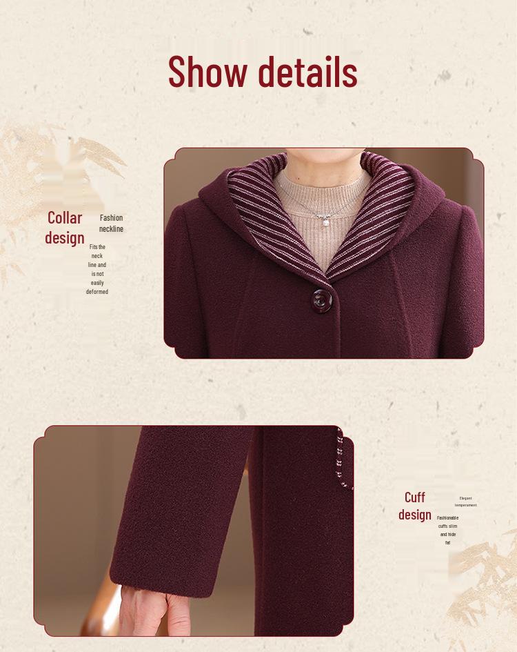 Spring Mid-Length Hooded Woolen Coat - Plus Size for Middle-Aged & Elderly Women