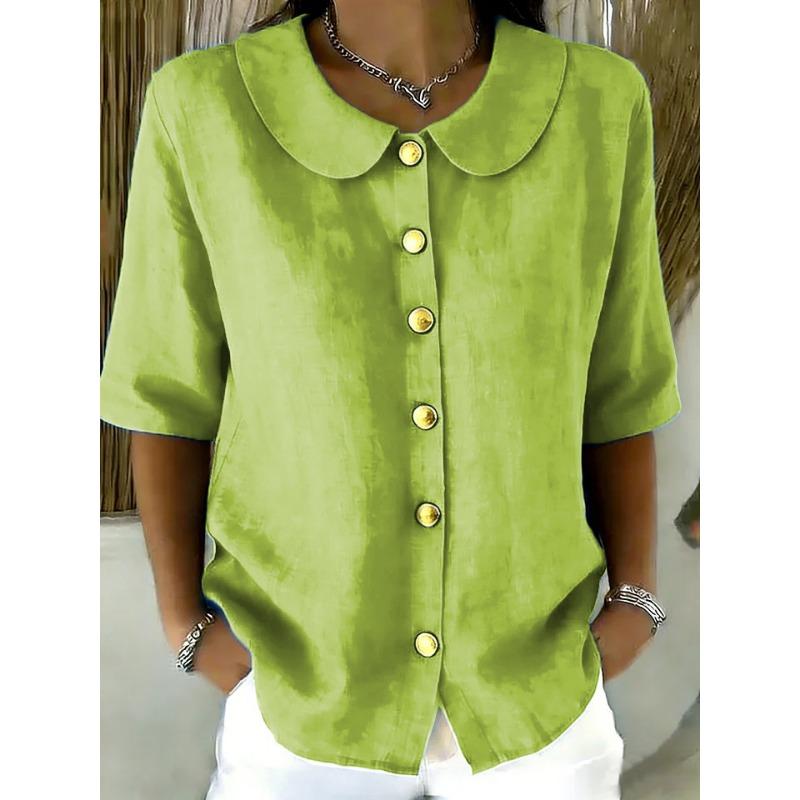 Elegant Commuting Loose Solid Button Half Sleeve Shirt For Women