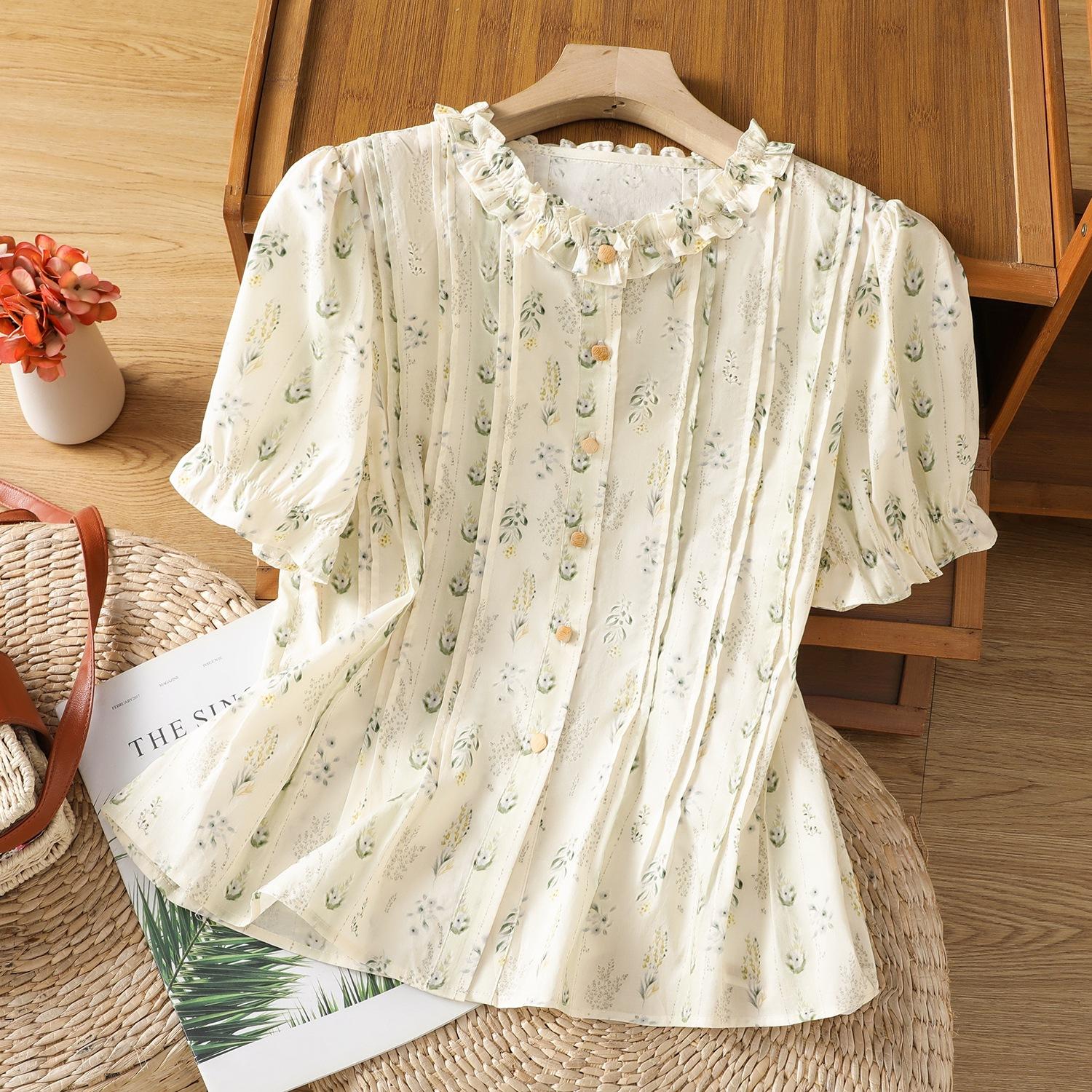 

Светло-зеленая рубашка с цветочным принтом женская 2025 лето новая ретро-дизайн кружевной воротник короткий рукав кардиган топ 2XL светло-зеленый